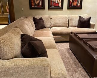 Custom Sofa Sectional -Light Sand Color- Seating for 6 (or More!) 133" x 108" - Seat Depth 24", Seat Height 19". Set includes 2 matching Ottomans 31" x 20" x 18.5H