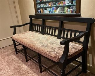 Half Spindle Black Deacon's Bench with Custom Cushion. 64.5" W x 35"H X 24"D