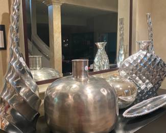 Crate & Barrel Keller Vase 15.25"H x 52.5"D,                            Z Gallerie Diamond Aluminum Vases 19.5"H x19"W,                         2- Z Gallerie Swirl Silver Vases 29.5"H x 11.5"W.                 Z Gallerie Echo Vase, Silver Beaded Canoe Bowl 25"L x 5.5"W 