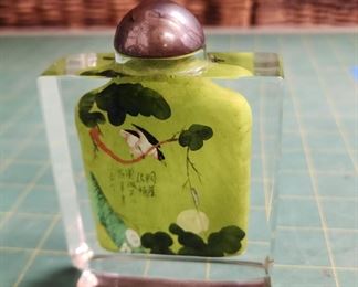 IR9080 Vintage Chinese Hand Painted Squared Glass Snuff Bottle w Green Lillies