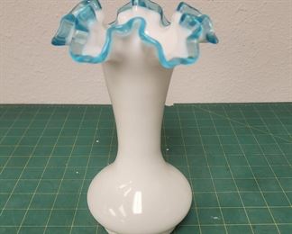 IR9101 Vintage Milk Glass Vase with Blue Ruffle Tops