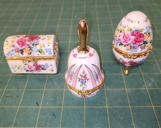 IR9121 Lot of 3 Lefton China Porcelain Jewelry Pill Trinket Egg Bell Shape Box