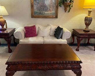 Lovely living room sofa, coffee table and matching end tables 