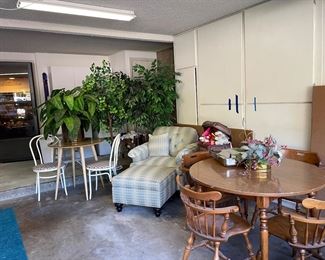 MCM wood dining table, chairs Chair & ottoman, silk plants and trees