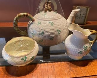 Beleek teapot, creamer, sugar, cups and saucers