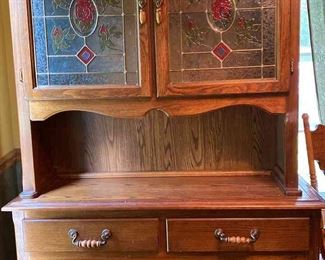  04 Stained Glass Floral Window Wooden Hutch Cabinet 