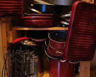 Contents Of Kitchen Pantry Shelf Pans, Pots, Griddle Pans, Baking Dishes 