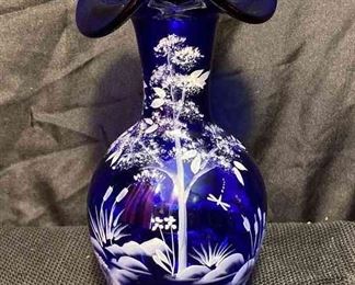 Fenton Cobalt Blue Hand Painted Vase 