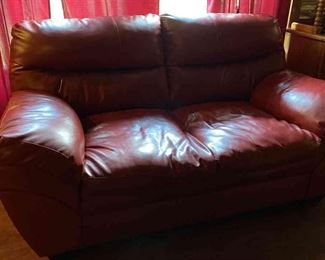 Set Of Two Plush Red Leather Sofa Chairs 