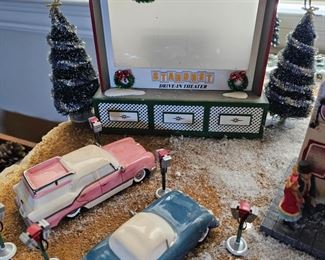 Dept 56 Original Snow Village - Stardust Drive-In Theater #55064, Dept 56 Snow Village "Out for a Drive" Pink Station Wagon Figurine Christmas & Blue Coupe