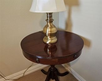 Vintage Drum Table with Drawers and Brass Lamp