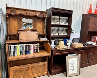 antique 2 piece desk and misc furniture