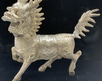 Chinese Foo Dragon Statue in Silver Tone Metal
