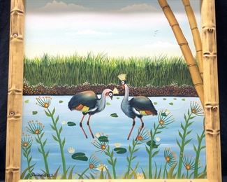 Paradis Signed Grey Crowned Cranes Oil Painting
