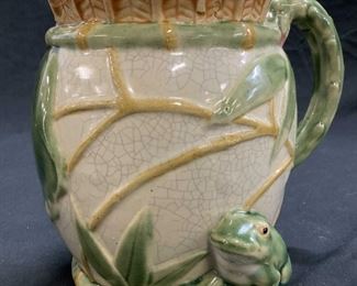 Signed Frog Majolica Porcelain Pitcher,
