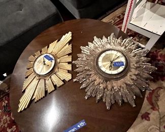 MCM Mersman round coffee table and 2 MCM wind up clocks