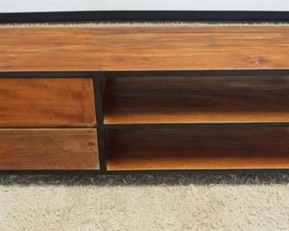 1018	MODERN INDUSTRIAL STYLE LOW SHELF W/2 DRAWERS, METAL FRAME, PERFECT FOR AUDIO EQUIPMENT, APPROXIMATELY 56 IN X 18 IN X 20 IN HIGH
