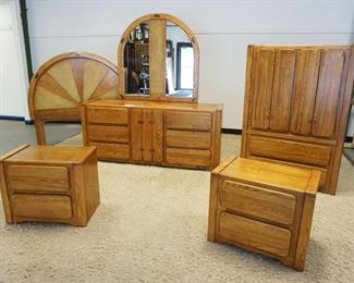 1022	STANLEY OAK 5 PIECE MODERN STYLE BEDROOM SET W/ HIGH & LOW CHESTS, WARDROBE, 2 BED SIDE STANDS & FULL SIZE HEAD BOARD
