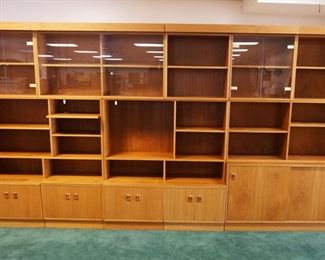 1032	DANISH WALNUT MODULAR WALL UNIT W/HOODED TOP LIGHTING, APPROXIMATELY 143 IN X 16 IN X 78 IN HIGH

