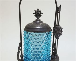 1059	VICTORIAN PICKLE CASTER, SILVERPLATE W/BLUE HOBNAIL GLASS INSERT, WILCOX SILVERPLATE, APPROXIMATELY 12 1/2 IN HIGH
