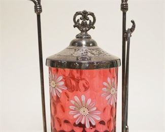 1060	VICTORIAN PICKLE CASTER, SILVERPLATE W/ENAMEL DECORATED CRANBERRY GLASS INSERT, BEACON SILVER CO QUAD PLATE, APPROXIMATELY 11 IN HIGH
