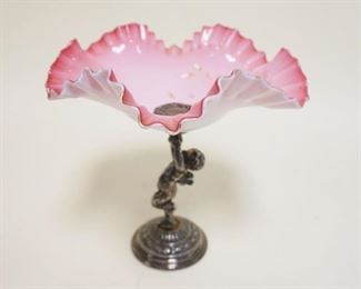 1072	PAIRPOINT PINK CASED GLASS COMPOTE W/FIGURAL SILVERPLATE BASE, APPROXIMATELY 9 IN HIGH
