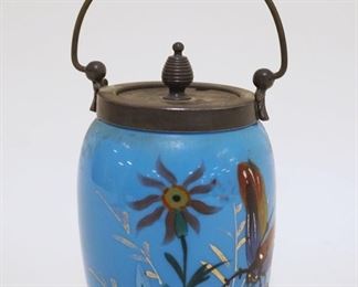 1075	VICTORIAN ENAMELED BLUE GLASS COVERED JAR, HALL & MILLER QUAD PLATE, APPROXIMATELY 8 IN HIGH
