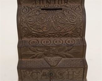 1079	ANTIQUE CAST IRON BANK, CASH REGISTER *JUNIOR* W/KEY, J&E STEVENS CO, APPROXIMATELY 4 IN X 4 1/2 IN X 5 1/4 IN
