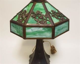 1081	ART NOUVEAU BRASS TABLE LAMP W/GREEN SLAG GLASS SHADE, APPROXIMATELY 23 IN HIGH
