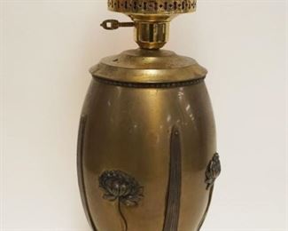 1083	ART NOUVEAU LAMP BASE W/CRANBERRY OPALESCENCE SWIRL SHADE, LAMP TOP NOT ORIGINAL, APPROXIMATELY 24 IN HIGH
