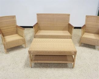 1113	4 PIECE WOVEN COUNTRY CASUAL PATIO SET INCLUDING TABLE, 2 ARM CHAIRS & SETTEE, SETTEE APPROXIMATELY 51 IN X 30 IN X 36 IN HIGH

