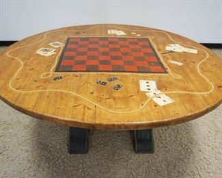 1116	PINE GAMING TABLE W/PAINTING OF CHESS BOARD, PLAYING CARDS, ETC, APPROXIMATELY 72 IN X 30 IN  HIGH
