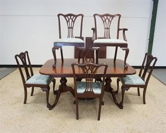 1118	MAHOGANY CHIPPENDALE STYLE DINING ROOM TABLE, BALL & CLAW FOOT W/6 CHAIRS & 3 LEAVES TABLE APPROXIMATELY 66 IN X 44 IN X 30 IN HIGH, LEAVES APPROXIMATELY 12 IN
