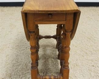 1119	MAHOGANY ONE DRAWER GATE LEG TABLE, OPEN APPROXIMATELY 24 IN X 34 IN X 29 IN, CLOSED APPROXIMATELY 14 IN

