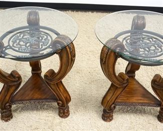 1142	PAIR OF ORNATE WOOD & IRON BEVELED EDGE GLASS TOP LAMP TABLES, APPROXIMATELY 26 IN X 27 IN H
