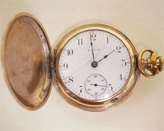 1155	ELGIN POCKET WATCH, 14K GOLD PLATE CASE, CRYSTAL HAS CRACK, CASE WORN, FOR PARTS OR RESTORATION
