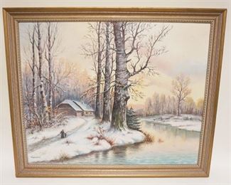 1176	ARTIST SIGNED OIL PAINTING ON CANVAS WINTER SCENE OF CABIN ALONG RIVER W/WOMAN & CHILD WALKING DOWN PATH, APPROXIMATELY 28 IN X 34 IN OVERALL
