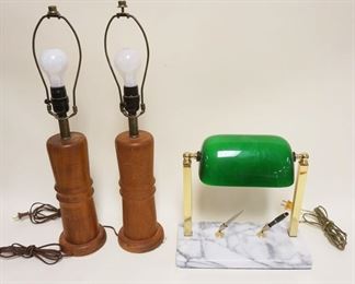 1218	PAIR OF MODERN DANISH TABLE LAMPS & MARBLE & BRASS DESK LAMP W/GREEN CASED GLASS SHADE
