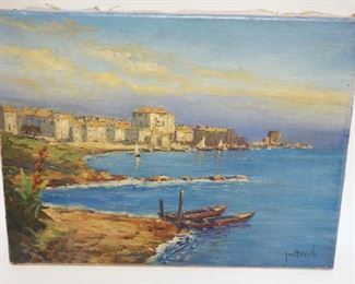 1222	FRENCH OIL PAINTING ON CANVAS OF A FISHING VILLAGE, ERBALUNGA CORSICA, ARTIST SIGNED, APPROXIMATELY 16 IN X 12 IN
