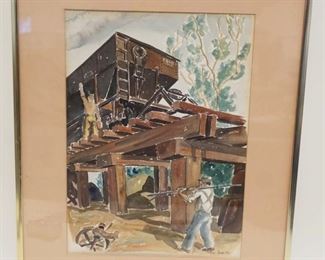 1223	WATERCOLOR OF RAILROAD WORKERS ON TRACK W/COAL HOPPER CAR, ARTIST SIGNED & DATED 1935, APPROXIMATELY 17 IN X 21 IN OVERALL
