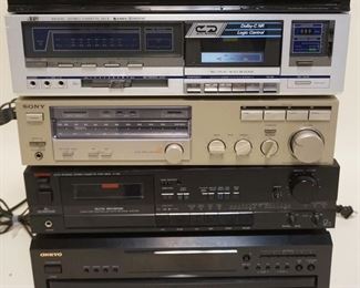 1253	LOT OF ASSORTED AUDIO EQUIPMENT INCLUDING ONKYO DX-C390 DISC PLAYER, LUXMAN K-105 TAPE DECK, SONY STR-252 RECEIVER AND JVC TAPE DECK/ SONY DVD PLAYER

