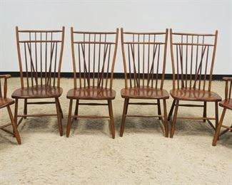 1146A	SET OF 6 WINDSOR STYLE S BENT & BROS CHAIRS, SOLID OAK, 4 SIDE & 2 ARM, ARMCHAIR APPROXIMATELY 47 IN HIGH
