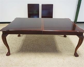 1146B	MAHOGANY CHIPPENDALE STONELEIGH FURNITURE CO BALL & CLAW FOOT DINING TABLE W/2 LEAVES, TABLE APPROXIMATELY 76 IN X 46 IN X 30 IN HIGH, LEAVES APPOXIMATELY 24 IN WIDE, TABLE HAS 2 DRAWERS
