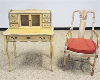 1146E	FRENCH PROVINCIAL DESK/VANITY & FRENCH EMPIRE STYLE GILT WOOD ARMCHAIR, SOME STAINING ON UPHOLSTERY, DESK/VANITY APPROXIMATELY 34 IN X 21 IN HIGH
