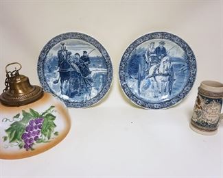 1254	ASSORTED LOT W/HANGING HAND PAINTED MILK GLASS SHADE, GERMAN STEIN & 2 DELFT 15 1/4 IN CHARGERS
