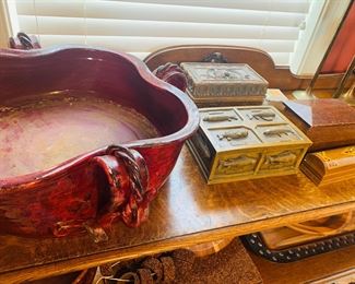 heavy pottery pieces and a nice collection of carved wooden boxes