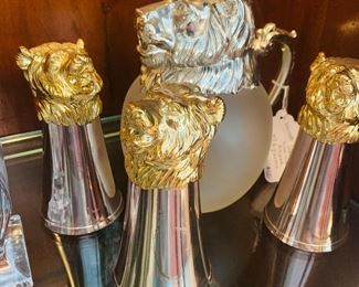 MCM Carol Stupell Lion Head pitcher with 3 Lion Head Stirrup cups