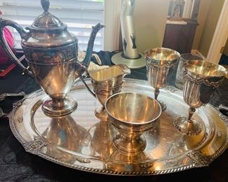 Wallace silver plate coffee service including two Wallace “Baroque” toasting goblets