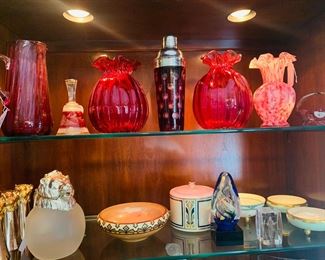 Ruby red and cranberry glass including a MCM cocktail shaker