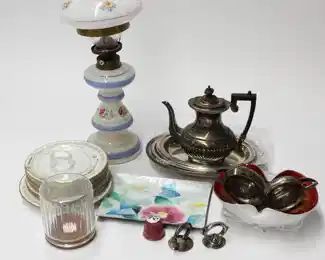 84: Box of Estate Silver-plate, Porcelain and glass